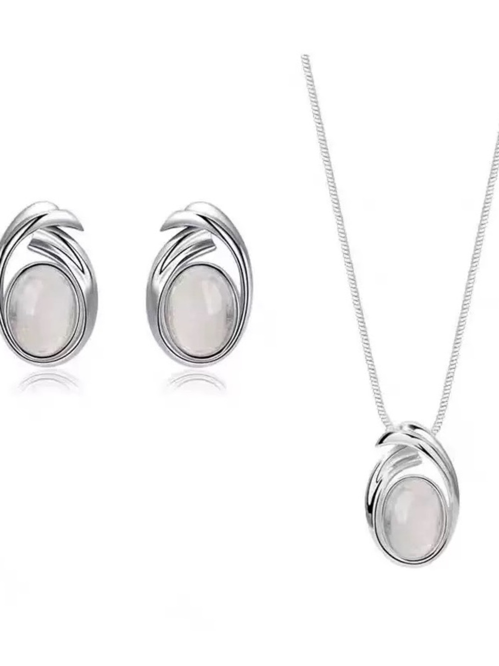 Sterling Silver White Opal Teardrop Necklace and Earring Set